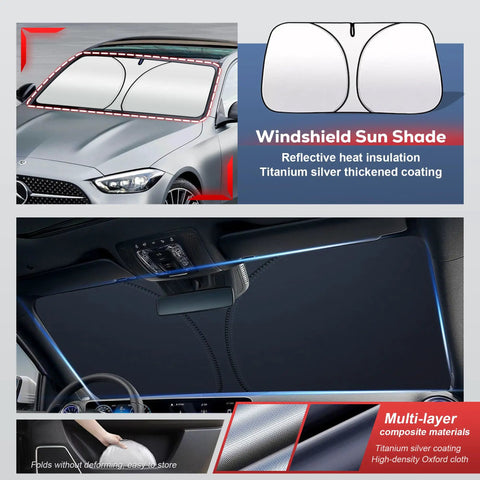 Windshield sun shade with reflective heat insulation; multi-layered coating for all weather hail protector car cover use in SUVs.