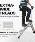 Three Step Foldable Aluminum Step Stool 2.2 Ft Tall With Non Slip Riser, Lightweight Yet Sturdy, Safety Handrail, Top Cap Tray With Phone Holder, Hooks And Tool Ports For Handy Home Or Jobsite Work; extra wide treads