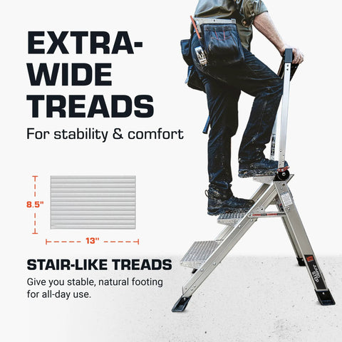 Three Step Foldable Aluminum Step Stool 2.2 Ft Tall With Non Slip Riser, Lightweight Yet Sturdy, Safety Handrail, Top Cap Tray With Phone Holder, Hooks And Tool Ports For Handy Home Or Jobsite Work; extra wide treads