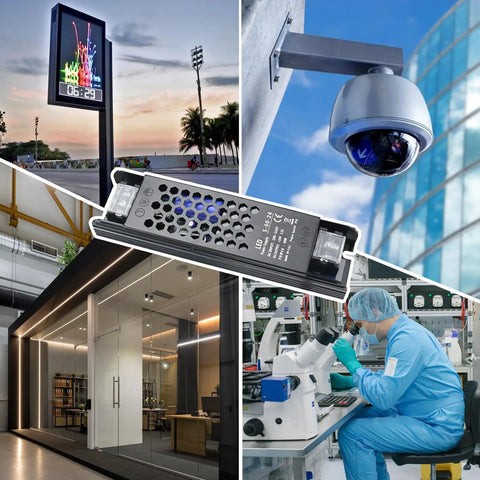 Top Shelf Rock Solid 24V Power Supply 2.5A 60W Switching Adapter shown in a collage with LED lights and security cameras.
