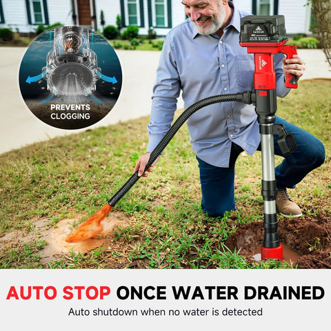 Man using Cordless Stick Water Transfer Pump With Two 4.0Ah Batteries And Charger 740 GPH Flow 33 Ft Head Telescoping Pole outdoors