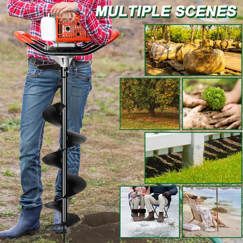 72cc Two Stroke Gas Powered Auger Post Hole Digger Kit With 3 Drill Bits 4 Inch 6 Inch 8 Inch And 3 Extension Rods in use in garden scene