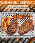 20 Pack Aluminum Foil Pans 16 By 12 Inch Large Disposable Bakeware with grilled steak and vegetables on BBQ grill for outdoor cooking.