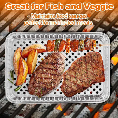 20 Pack Aluminum Foil Pans 16 By 12 Inch Large Disposable Bakeware with grilled steak and vegetables on BBQ grill for outdoor cooking.