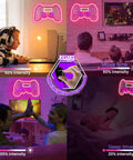 PS Controller Neon Light Sign for Gaming Rooms with Dimmer displaying different brightness settings in various room scenarios