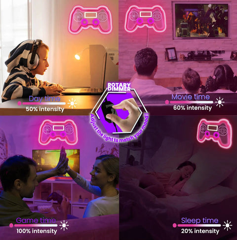 PS Controller Neon Light Sign for Gaming Rooms with Dimmer displaying different brightness settings in various room scenarios