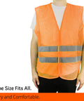 12 Pack High Visibility Safety Vests Yellow Fluorescent With 360 Degree Reflective Strips For Men Women Work Cycling Running Surveyors Volunteers Crossing Guards Road Construction Neon Hi Vis Gear, orange vest front view, fits most sizes