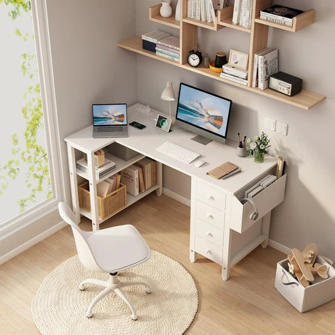 White L Shaped Desk With Drawers And Storage Shelves 47 Inch Corner Reversible Computer Desk With Built In Power Strip And USB Ports