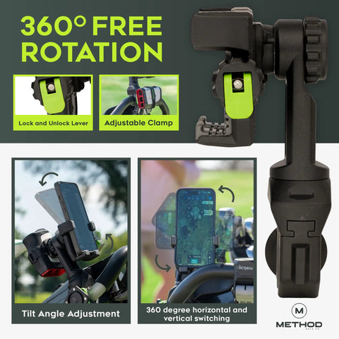 Image showing Magnetic Phone Holder For Golf Push Cart With Rangefinder Strap, highlighting 360-degree rotation feature.
