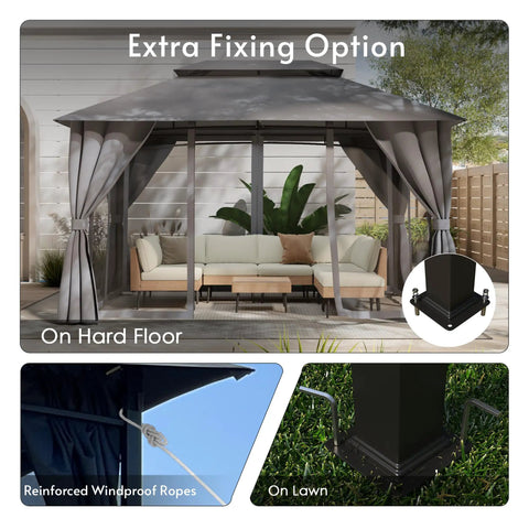 10x13 Outdoor Gazebo With Mosquito Netting And Privacy Screens, double roof, powder coated metal frame, installed on deck