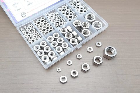 165-Piece SAE Hex Nut Kit In 304 Stainless Steel with nuts organized in a plastic case