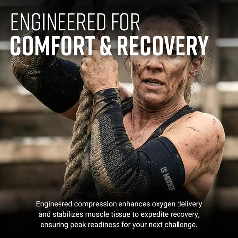 Premium Padded Arm Sleeves With Compression Elbow Protection, non slip design worn by woman during obstacle course