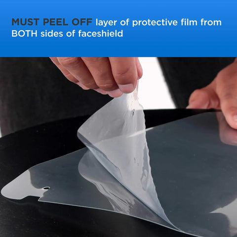 Peeling protective film off 4 Pack Safety Face Shields With Glasses Frames Ultra Clear Protective Full Face Shields Anti Fog PET