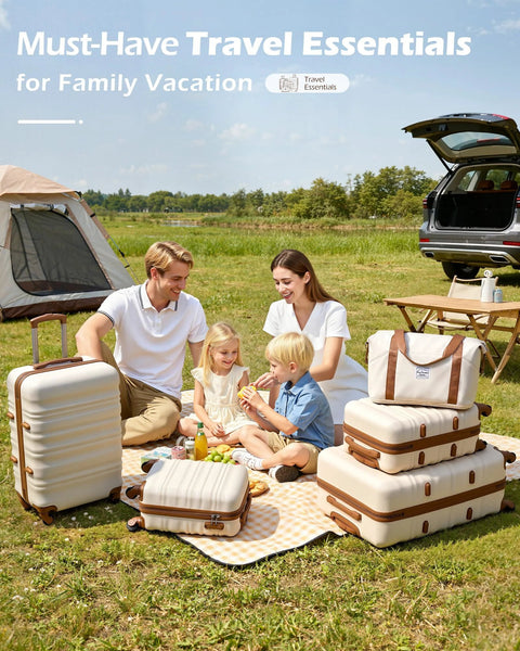 Front view of a beige-brown 6-piece hardside luggage set with ABS+PC shells and spinner wheels.