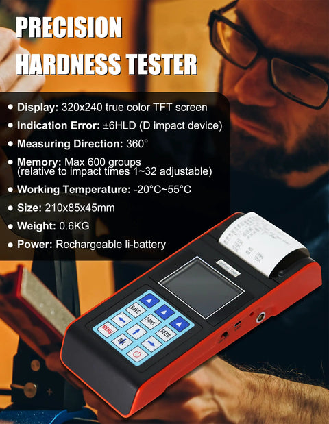 Digital Hardness Tester With Built In Printer And Full Color Display, 7 In 1 Metal Hardness Meter in lab setting, features visible