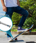 Person balancing on skateboard with inset of Five Sets Of 32mm Inline Skate Wheel Screws With Installation Tool.
