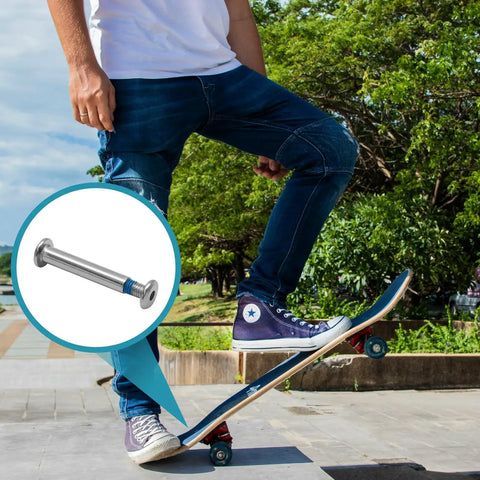 Person balancing on skateboard with inset of Five Sets Of 32mm Inline Skate Wheel Screws With Installation Tool.