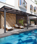 10 Ft By 20 Ft Lean To Gazebo With Hardtop Metal Pergola And Polycarbonate Roof installed over a patio next to a pool.