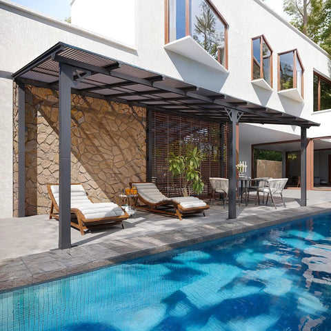 10 Ft By 20 Ft Lean To Gazebo With Hardtop Metal Pergola And Polycarbonate Roof installed over a patio next to a pool.