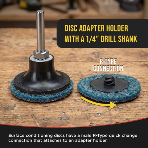 Beast Mode 46 Piece 2 Inch Sanding Discs Variety Pack adapter holder with 1/4 in drill shank and R-Type quick change connection.