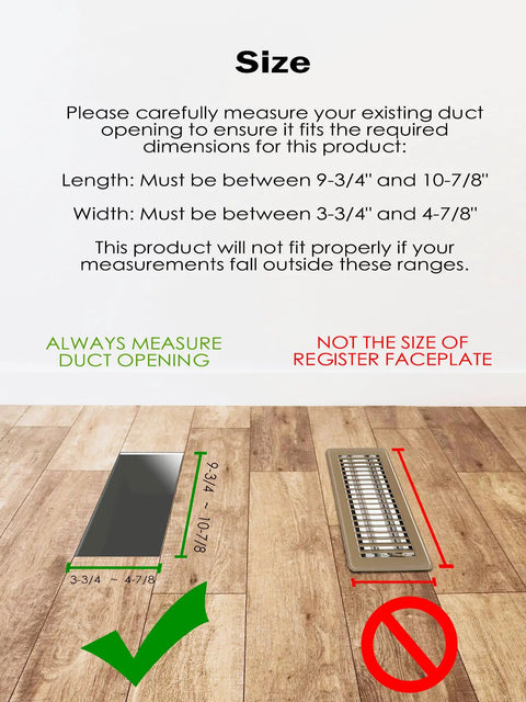 Measuring guide for Hardcore Heavy Duty 4X10 Steel Floor Register dimensions on wood flooring with marked sizes.
