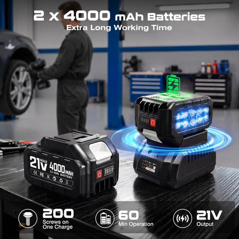 Impact Wrench 1500 Nm Brushless Cordless High Torque With Dual 4Ah Batteries, 4 Speed Settings, 3500 RPM, Half Inch Drive For Cars Trucks And Heavy Duty Truck Repairs, 21V battery