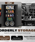 Before and after view of 72 inch heavy duty metal garage storage cabinet with doors and shelves, tools organized efficiently.