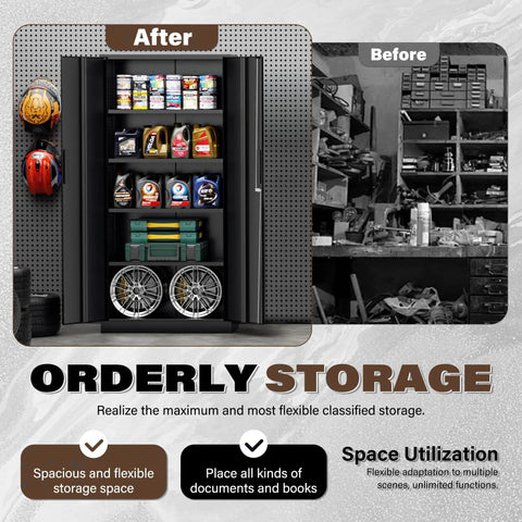 Before and after view of 72 inch heavy duty metal garage storage cabinet with doors and shelves, tools organized efficiently.