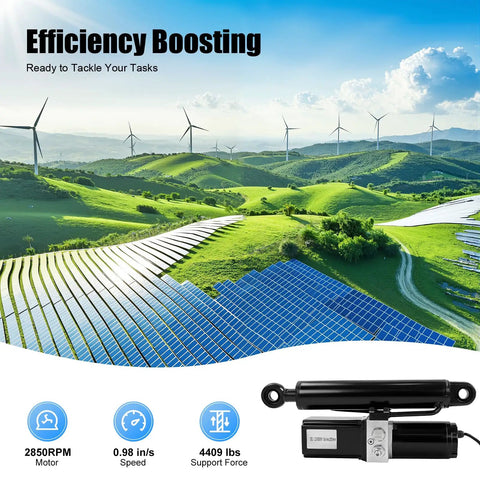 Beefy 12V Linear Actuator For Car Lifts And Warehouse Gear, shown with green hills and solar panels in the background
