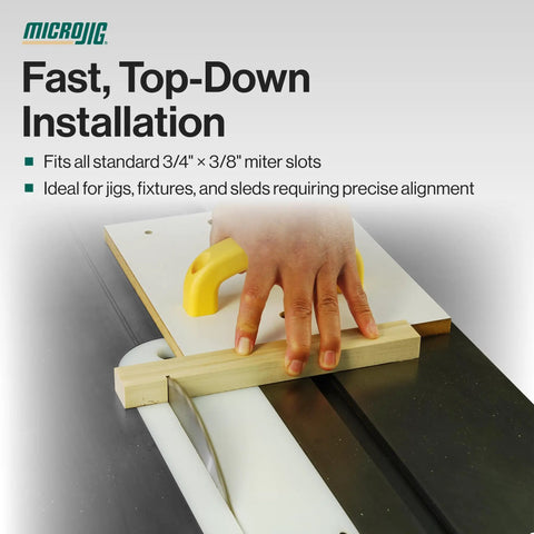 Zeroplay Miter Bar For Table Saw Sleds, Precision One Touch Calibration And No Play Fit shown with top-down wooden installation