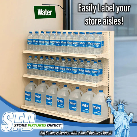 Rock Solid Curved Gondola Shelf Magnetic Sign Holder For Retail Store Aisles And Department Walkway Section Marker with Water bottles.