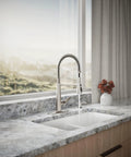 Slick Stainless Steel Kitchen Sink Faucet With Built In Soap Dispenser And Heavy Duty Pull Down Sprayer For Big Time Home Cooks Who Want That Commercial Grade Sweep Spray Power Without The Overpriced Store Hype in modern kitchen setting.