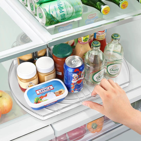 Refrigerator Square Lazy Susan Turntable Organizer in use, holding jars and bottles, clear 16.5x11.1 inch with non-slip base.