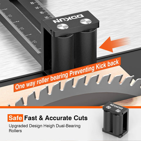 Thin Rip Jig For Table Saw With Dual Bearing Safety Rollers For Repetitive Narrow Strip Cuts device on saw blade close-up