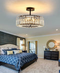 Black Round 4 Light Crystal Chandelier Semi Flush Mount Ceiling Fixture in bedroom