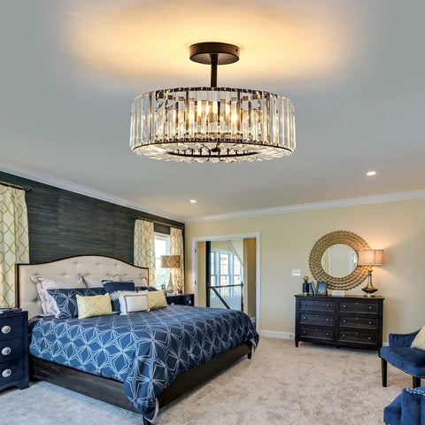 Black Round 4 Light Crystal Chandelier Semi Flush Mount Ceiling Fixture in bedroom
