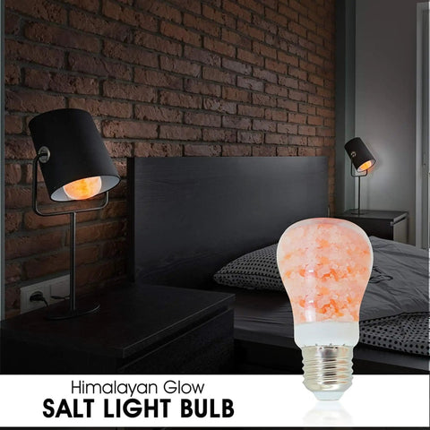 Salt Light Bulbs 60 Watt Equivalent 7W Dimmable LED A19 Salt Lamp Bulbs on bedside table, warm amber glow