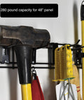 Heavy Duty Garage Wall Organizer Rack With 48 Inch Steel Beam And Rock Solid 280 Lb Load Capacity Featuring Eighteen Versatile Storage Hooks for hammer and tools.