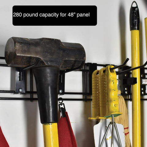 Heavy Duty Garage Wall Organizer Rack With 48 Inch Steel Beam And Rock Solid 280 Lb Load Capacity Featuring Eighteen Versatile Storage Hooks for hammer and tools.