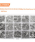 Heavy Duty Pro Grade 560 Piece Phillips Pan Head Machine Screw And Hex Nut Washer Assortment Kit with 304 stainless steel screws and nuts.