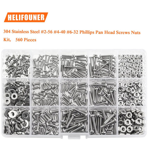 Heavy Duty Pro Grade 560 Piece Phillips Pan Head Machine Screw And Hex Nut Washer Assortment Kit with 304 stainless steel screws and nuts.