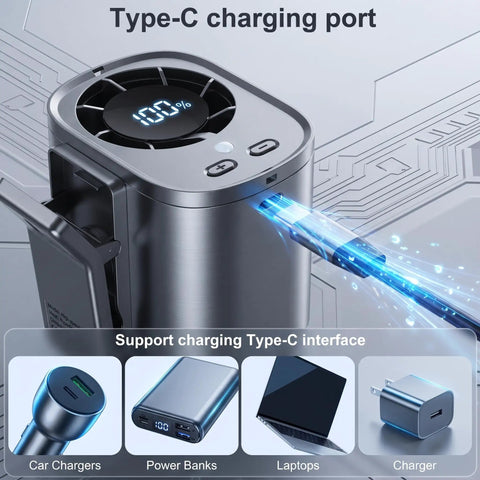 Car Clip On Fan With LED Display, USB-C port, 360 Degree Rotation, 199 Speed Settings