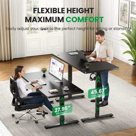 Man and woman using Electric Standing Desk Adjustable 60x28 Inch Sit Stand Desk with 1 Inch Thick Top, shown in sitting and standing positions