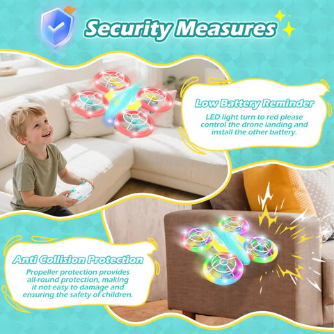 Boy playing with One Touch Takeoff RC Drone For Kids 6 And Up With Remote, 360 Degree Flip, High Speed Mode, LED indicator indoors.