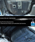 Before and after using Heavy Duty Pneumatic Undercoating Spray Gun With Suction Feed Cup To Kick Rust To The Curb And Level Up Your Ride Armor, showing rust protection on vehicle.