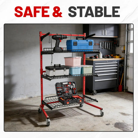 Heavy Duty Steel Rolling Parts Rack For Auto Body Shops Three Shelf Cart With Locking Casters, Boss Grade Garage Storage Organizer