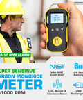 CO Detector Meter With 0 To 1000 PPM Range NIST Calibrated in a worker's hand, electrochemical sensor, USB rechargeable