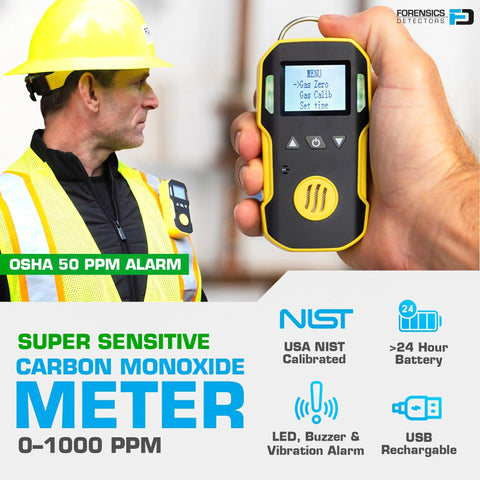 CO Detector Meter With 0 To 1000 PPM Range NIST Calibrated in a worker's hand, electrochemical sensor, USB rechargeable