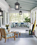 Rugged Outdoor Porch Chandelier With Seeded Glass Hanging Lantern In Sand Black Aluminum Finish, porch setting view