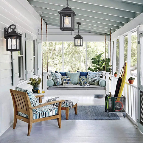 Rugged Outdoor Porch Chandelier With Seeded Glass Hanging Lantern In Sand Black Aluminum Finish, porch setting view